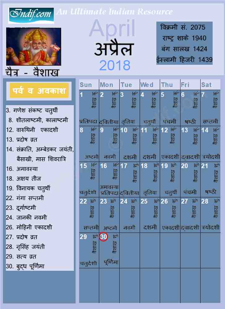 Hindu Calendar April 2018
