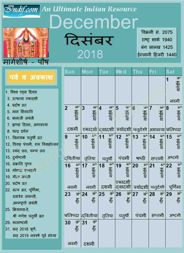 Hindu Calendar December 2018