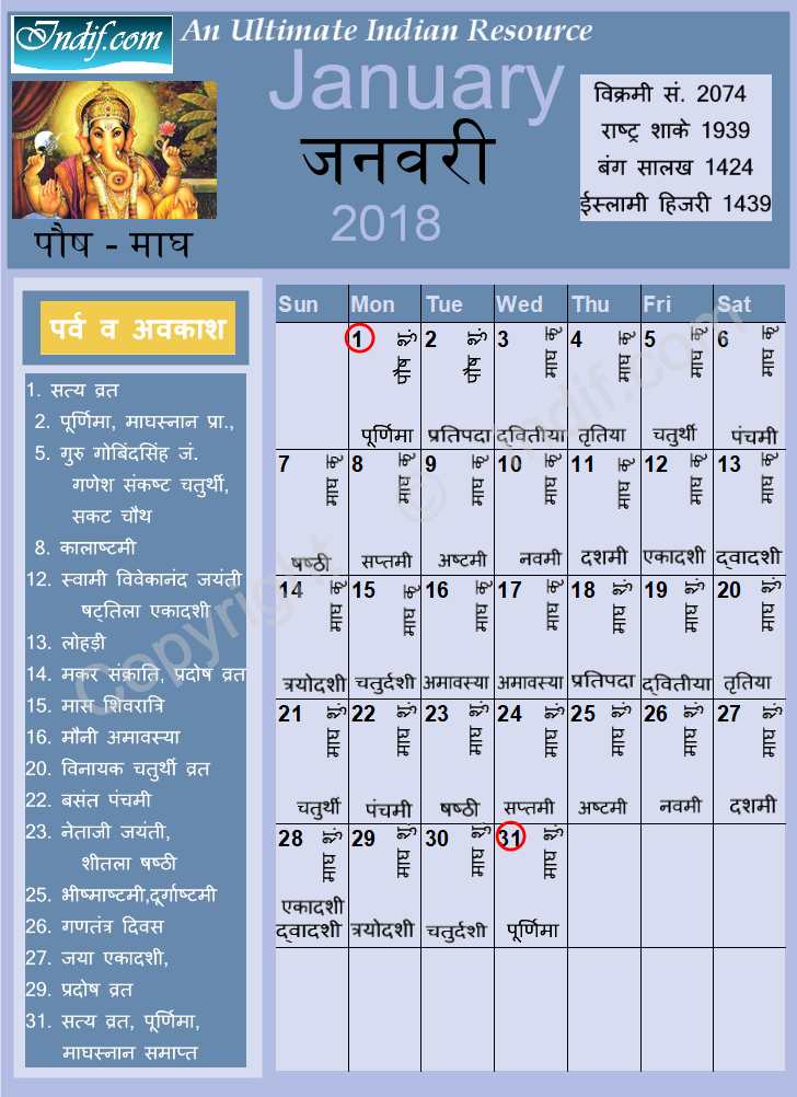 Hindu Calendar January 2018