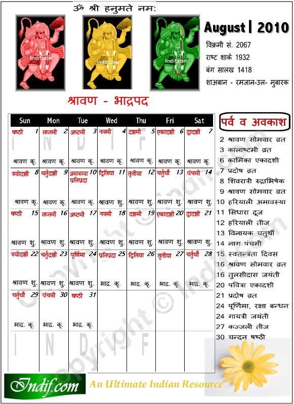 Hindu Calendar August 2010