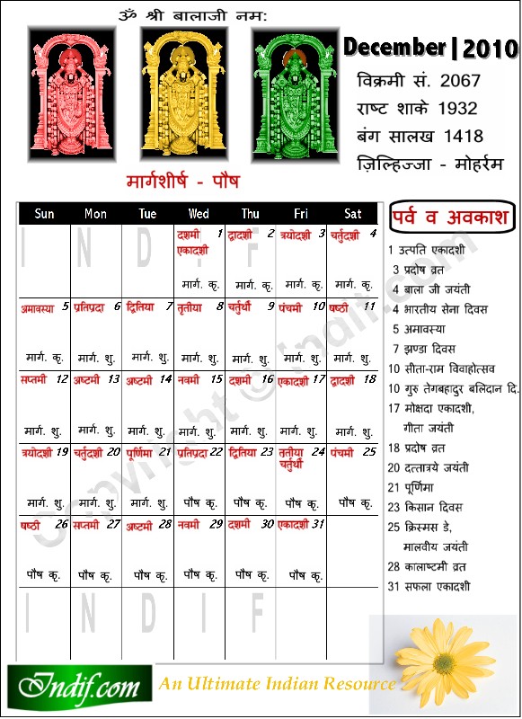 Hindu Calendar December 2010