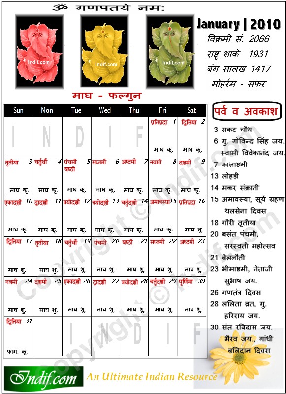 Hindu Calender Jan 2010