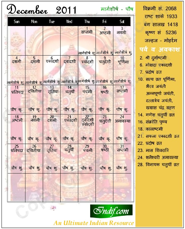 Hindu Calendar December 2011