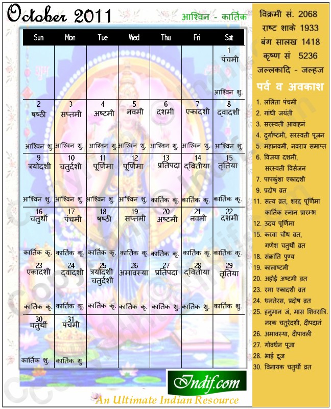 Hindu Calendar - October 2011