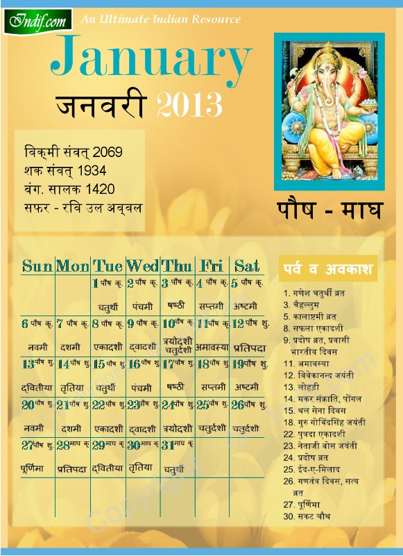 Hindu Calendar January 2013