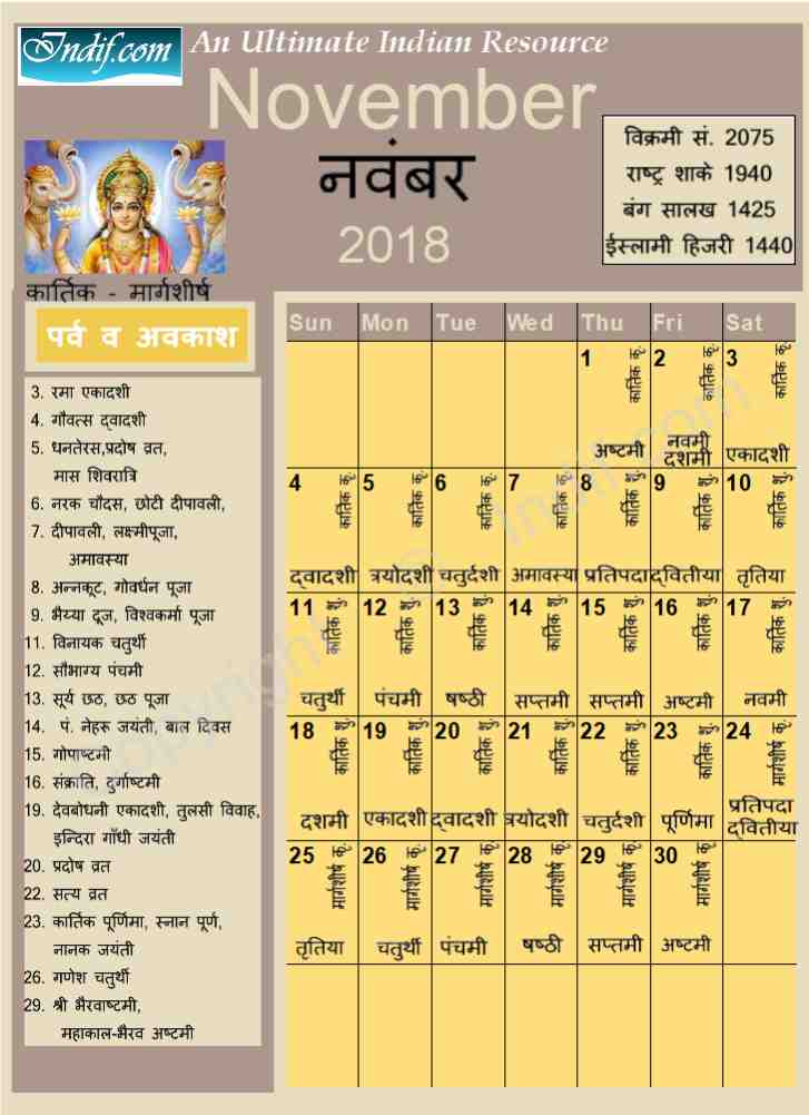 Hindu Calendar November 2018
