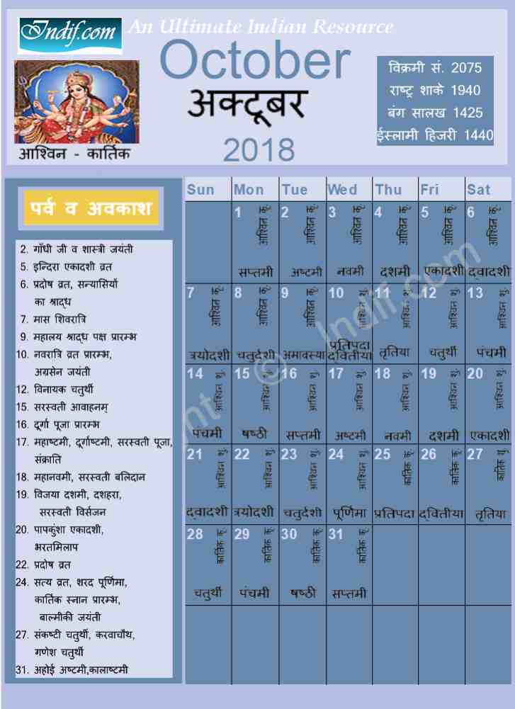 Hindu Calendar October 2018